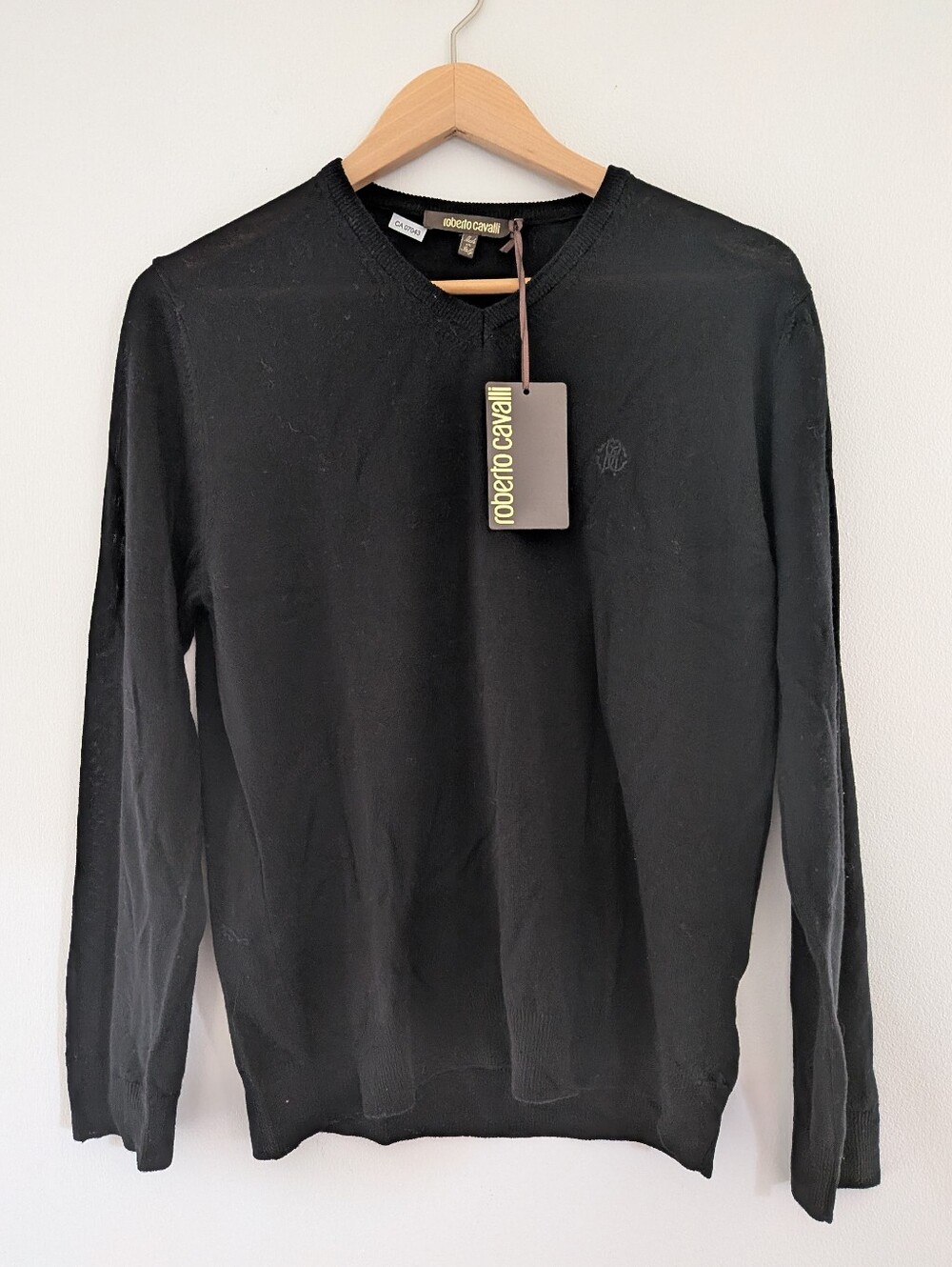 Roberto Cavalli Black V-Neck Sweater with Logo Tag
